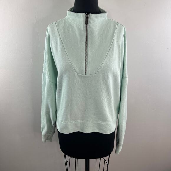 Sweaty Betty Blue Sweatshirt Mock Neck Half Zip Drop Shoulder Banded Hem Sz XXL - Picture 2 of 10